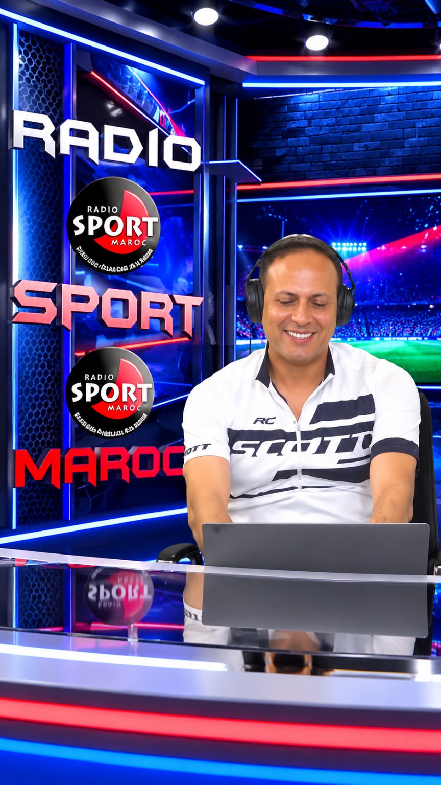 Mustapha Badil au micro dans un décor de studio Radio Sport Maroc